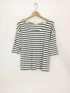 moussy ボーダー 七分袖Tシャツ F カットソー 白 × 黒 ラウンドネック レーヨン混 薄手 ストレッチ性 ドロップショルダー