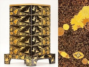 【琴》送料無料 時代漆器 黒塗 鶴亀蒔絵 五段重箱 重台 箱付 DI984○