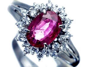 1円～【ジュエリー極】濃厚ピンキッシュレッドカラー！天然ルビー0.87ct＆ダイヤ0.27ct 高級Pt850リング ソーティング a1565vk【送料無料】