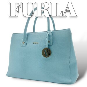 美品 FURLA レザー トートバッグ 保存袋付き ライトブルー 7809