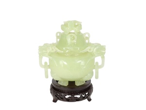 【蔵】中国美術 玉香炉 遊環 双耳 香炉 中国工芸品 共箱 S-2255S