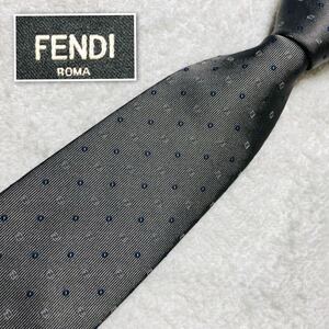 ■美品■FENDI フェンディ　ネクタイ　FFロゴ　ドット　総柄　シルク100% イタリア製　グレー×ブルー　ビジネス