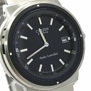 美品 CITIZEN シチズン Eco-Drive エコドライブ 腕時計 A412 4-T007066 V010-5932H 電波ソーラー ブラック シルバー カレンダー 箱付き