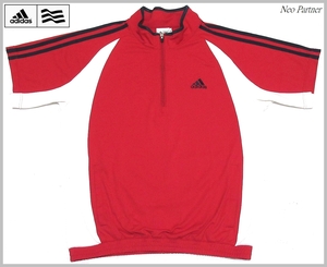 即決 極美品 adidas GOLF アディダスゴルフ 撥水 ストレッチ ハーフジップ 半袖ブルゾン レッドｘホワイト L 日本製 メンズ