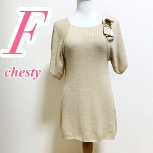 Chesty ベージュ 半袖ニット F リボン チュニック アクリル ナイロン