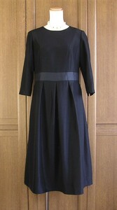 ランバン ノワール/LANVIN NOIR/東京ソワール製/黒 サテンシャンタン ワンピース/7分袖/36号 S/お出かけ～冠婚葬祭/お得な送料無料