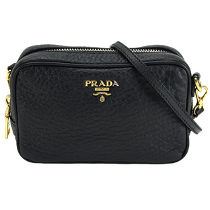 プラダ PRADA ヴィッテロダイノ ショルダーバッグ 1N1674 ポシェット 斜め掛け ミニ コンパクト ブラック 黒 ゴールド レザー ロゴ 中古