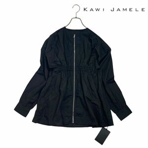 10T076☆ KAWI JAMELE 新品未使用 ブラック 薄手 コットン100 ノーカラー プリーツ ギャザージップブラウス ライトアウター 羽織り F