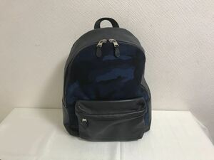 本物コーチCOACH本革レザーナイロンマウンテンリュックバッグ迷彩カモフラ柄ビジネスバック旅行トラベル紺ネイビーメンズレディース