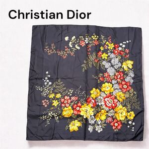 Christian Dior クリスチャン・ディオール シルク100% スカーフ 花柄 フラワー柄 グレー系 マルチカラー レディース 美品 約85×85cm レア