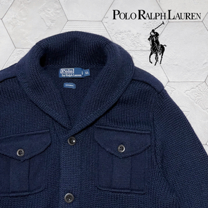 90s 国内正規品 ラルフローレン【Polo by Raph Lauren】ウール100% 名作ショールカラー M-65デザイン ニットカーディガン LL 紺 RRL