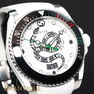 1～円【希少 スネークダイヤル 電池交換済】 GUCCI グッチ DIVE ダイブ Ref.136.3 SSxラバー QZ デイト メンズ 腕時計 箱付「25459」