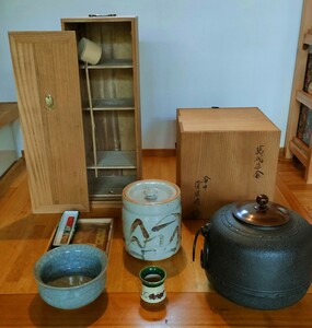 茶道具セット 佐藤清光作 萬代屋釜 風炉釜 茶乃湯釜 風炉茶釜 茶碗 柄杓 茶器 お稽古用 花柄 竹柄 和風 骨董