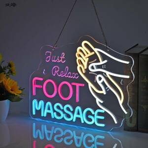 ネオンサイン FOOT MASSAGE フットマッサジー 41x32cm 多階段調光可 LED FootSpa ボディケア 足つぼ SPA館 看板