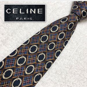 ■美品■CELINE セリーヌ　ネクタイ　ロゴリング　格子　チェック　総柄　シルク100% スペイン製　ブラック×ブルー×グレー　ビジネス