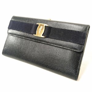 【1円スタート】 Salvatore Ferragamo フェラガモ ヴァラリボン 長財布 三つ折り がま口 ブラック 黒 レザー ゴールド金具