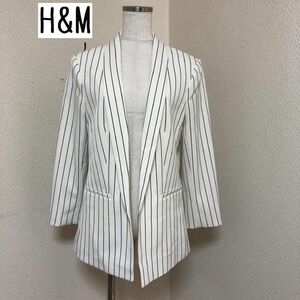 H&M レディース ジャケット オフィス ショールカラー ストライプ 40号 L ホワイト