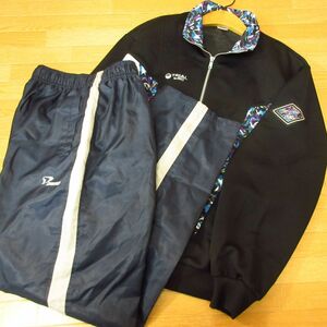 ◎希少 80s！XL-2XL 上下セット！asics アシックス 昭和 レトロ◆ジャージ ジャケット&ナイロンパンツ ヴィンテージ◆メンズ 黒x紺◆B4242