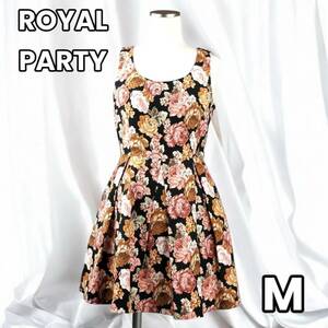 ★美品★ 1円 1スタ　ROYALPARTY ロイヤルパーティー　ミニワンピース ドレス チュニック 総柄 花柄 レーヨン ブランド　黒　ピンク　M