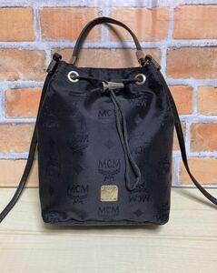 良品　MCM モノグラム　黒色　ナイロン　巾着　2way ミニショルダーバッグ