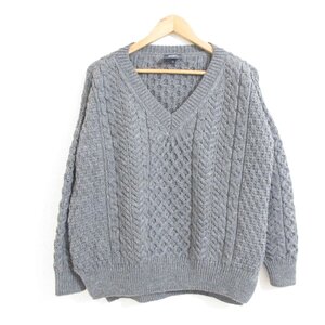 美品 aran WOOLLEN MILLS アランウーレンミルズ 長袖 Vネック フィッシャーマンニット セーター オーバーサイズ グレー ◆