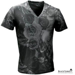 9#bv10-gybk BLACK VARIA 薔薇 花 チェーン ゼブラ プレミアムVネック半袖Tシャツ メンズ(ブラック黒グレー灰) 3L 吸水速乾 2wayストレッチ