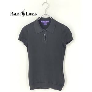 A8974/美品 春夏 RALPH LAUREN ラルフローレン パープルレーベル コットン 半袖 ヘンリーネック リブ Tシャツ カットソー XS 黒 レディース