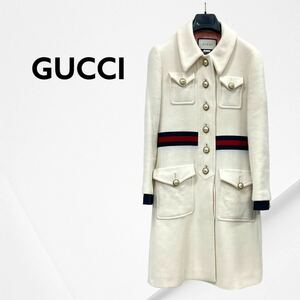 高級 GUCCI グッチ グログラン ウェビングライン GG パールボタン ウール ロングコート レディース 448610