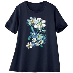 ★国内匿配★新品 お尻すっぽり ロング丈 Aライン M バスト90cm チュニック 花柄 カットソー Tシャツ 紺 ネイビー