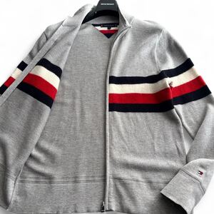 極美品/TOMMY HILFIGER【XL】大きいサイズ ドライバーズニット ジップブルゾン ウール コットン 切替 グレー 刺繍ロゴ トミーヒルフィガー 