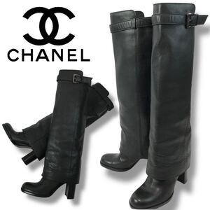 u4 正規品 CHANEL 02A シャネル レザー ロングブーツ A20250X01011 94350 ベルトデザイン 36 レディース BLACK 正規品 Vintage 良品