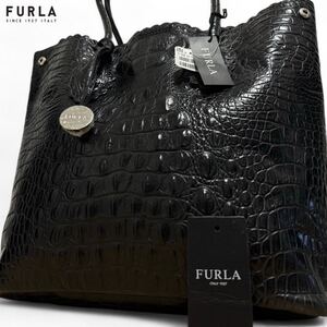 新品タグ付！入手困難●FURLA フルラ メンズ クロコ ロゴ トートバッグ ビジネス 肩掛け A4可 大容量 レザー 本革 ブラック 黒 書類鞄 通勤