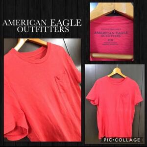 ■AMERICAN EAGLE OUTFITTERS アメリカンイーグル　胸元ポケット付き　ワンポイント刺繍入り半袖Tシャツ リブ付き　薄手　メンズM 美品