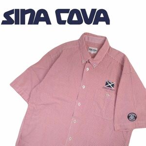 特大LL 極美品 豪華刺繍 SINA COVA ギンガムチェック ボタンダウン 半袖シャツ ドレスシャツ シナコバ マリン 国旗 メンズ ゴルフ 2406137