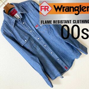 00s 日本未発売◆ラングラー◆Flame Resistant デニムシャツ M ブルー Wrangler FR ウエスタン 日本未上陸