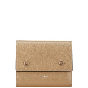 セリーヌ スモール フォールデッド マルチファンクション 三つ折り財布 コンパクトウォレット ベージュ レッド レザー CELINE 【中古】