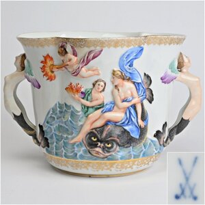 HK2746◆オールドマイセン　耳付木瓜型水瓶　女神とセイレーン、天使の図　Meissen◆花器　花瓶　o