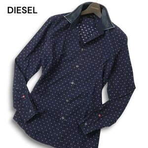 DIESEL ディーゼル 通年 ロゴ刺繍★ 長袖 ダイヤ柄 襟デニム切替 スリム シャツ Sz.M メンズ ネイビー　C5T00090_1#C