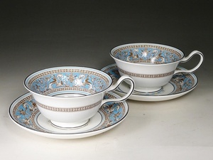 6■WEDGWOOD ウェッジウッド フロレンティーン ターコイズ カップ&ソーサー 2客 ペア ピオニー