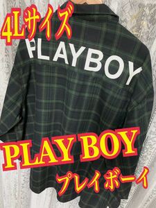 PLAY BOY プレイボーイ　チェック　ネルシャツ　グリーン　バックデカロゴ　4L