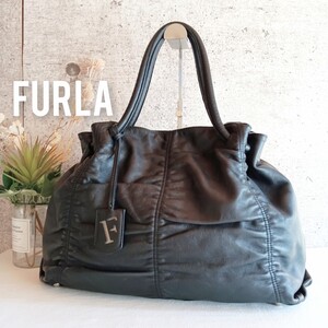 美品 フルラ FURLA 本革 レザー 巾着 トートバッグ ハンドバッグ 黒 ヴィンテージ ブラック イタリア 鞄 メンズ レディース