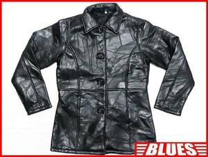 即決★N.B.★レディースL レザーパッチワークジャケット 黒 ブラック 本革 ステンカラーコート 本皮 スーツ