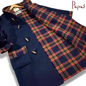 極暖/XLサイズ相当●Papas パパス ウール100% ダッフルコート ジャケット フード トグル メンズ 裏地チェック ネイビー 胸元ロゴ 英国調