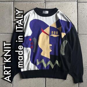 【USED Made in ITALY ART KNIT】イタリア製 アート ニット コットン アクリル 48 黒 ブラック 古着