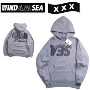 新品タグ付 即完売 WIND AND SEA × GOD SELECTION XXX 蓄熱保温 裏起毛 モザイク ビッグロゴ プルオーバー スウェット パーカー S 2410278