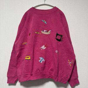 90s USA 古着屋 レディース スウェット トレーナー ピンク 刺繍 レトロ 長袖