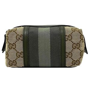 グッチ ポーチ カーキ ベージュ GGウェビング 256639 美品 キャンバス レザー 中古 GUCCI ミニ 小物入れ