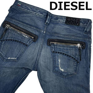 DIESEL ディーゼル SLAMMER スタッズ W29 (約79cm W31相当) ジップポケット イタリア製 デニム パンツ メンズ バイカー ジーンズ 