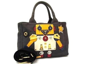 1円 PRADA プラダ ミニカナパ デニム ロボット スタッズ 2WAY ハンドバッグ ショルダーバッグ 斜め掛け グレー系×マルチカラー FJ2817