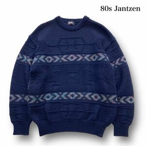 【JANTZEN】80s ジャンセン ヴィンテージ ニットセーター ネイティヴ柄刺繍 80年代 小杉産業 ウール オルテガ柄 立体編み ネイビー 紺 (M)